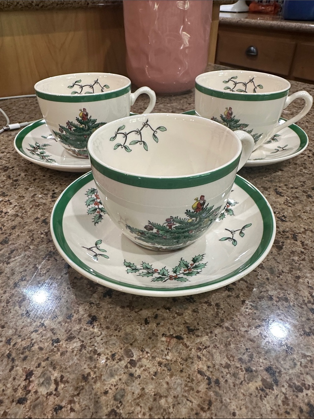 Spode White and Green Christmas Tree Teacup & Saucer Setset of three